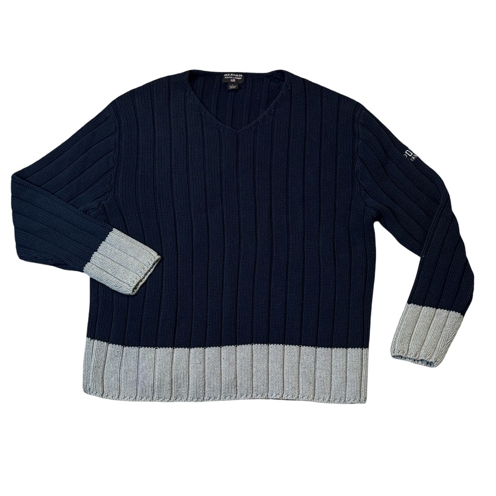 VINTAGE Polo Jeans Ralph Lauren mens L Large blue cotton thick knit sweater EUC